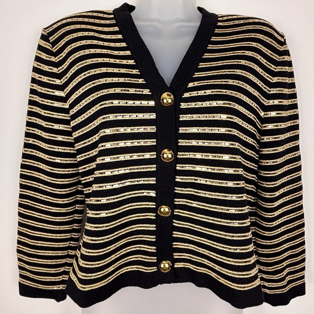 Vintage St John Cardigan Sweater Women M Black Gold Buttons Knit Beaded Striped